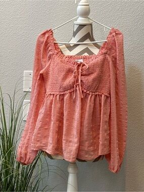 Forever 21 Coral Peasant Blouse with Smocked Bodice